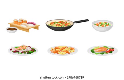 Salmon Soup and Noodles with Shrimps in Frying Pan as Seafood Dishes Vector Set