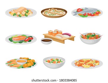 Salmon Soup and Rice with Octopus as Seafood Dishes Vector Set