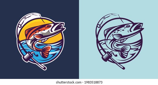 Salmon with spinning rod in different styles. Concept art of fishing.