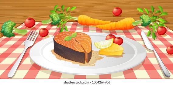 Salmon Stake with Fresh Vegetable illustration