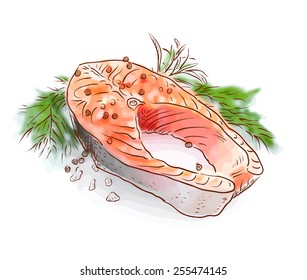 Salmon stake. Watercolor imitation with sketch. Vector illustration.