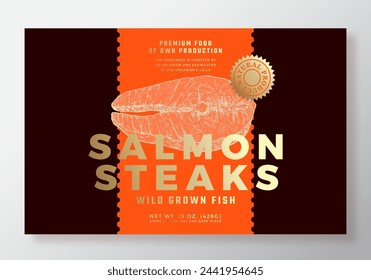 Salmon Steak Abstract Vector Packaging Label Design Template. Modern Typography Banner, Hand Drawn Fish Seafood Slice Sketch Silhouette. Color Paper Background Layout with Gold Foil. Isolated