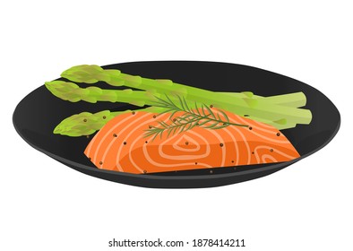 salmon steak with asparagus on plate