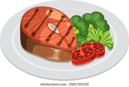 Salmon steak with broccoli and tomatoes on plate