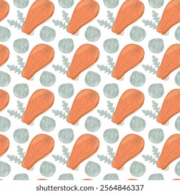 Salmon steak, brussels sprout heads and arugula leaves Seamless Pattern. Healthy Eating background