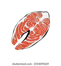 Salmon steak. Cartoon raw trout fish fillet, fresh seafood restaurant menu ingredient, flat salmon fish steak healthy meal concept. Vector isolated illustration.