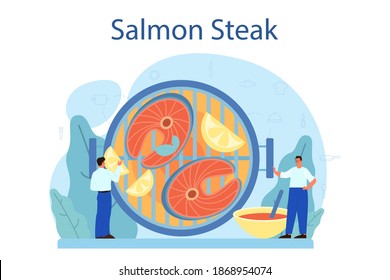 Salmon steak. Chef cooking grilled fish steak on the plate with lemon. Tasty fish fillet for dinner or lunch. Delicious meal. Isolated vector illustration in cartoon style