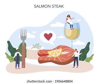 Lachssteak. Küchenchef kocht gegrilltes Fischsteak auf dem Teller mit Zitrone. Leckeres Fischfilet zum Mittag- oder Abendessen. Köstliches Essen. Einzige Vektorgrafik im Cartoon-Stil