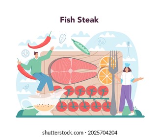 Salmon steak. Chef cooking grilled fish steak on the plate with lemon. Tasty fish fillet for dinner or lunch. Delicious meal. Isolated vector illustration in cartoon style