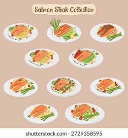 Salmon Steak Collection Diverse Culinary Preparations