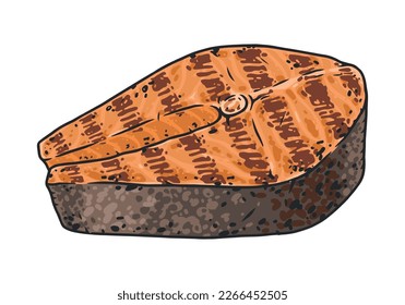 Salmon steak colorful vintage emblem piece of grilled appetizing fish with lines from BBQ for seafood restaurant advertising vector illustration