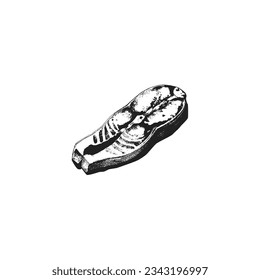 Salmon Steak Cooked as Seafood Engraved Sketch Closeup Vector Illustration. Hand Drawn Prepared Fish