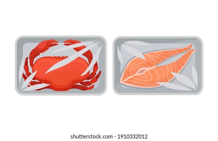 Lachs-Steak und Krabbe auf Plastikserie-Tray-Vektorset