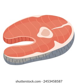 Salmon steak. Cut piece of red fish with raw fresh flesh. Slice of sea food, trout. Healthy seafood, eating. Flat graphic vector illustration isolated on white background