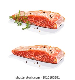 Salmon steak with dill isolated vector hand drawn illustration