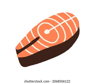 Salmon steak. Fillet piece of red fish. Fresh raw trout, seafood icon drawn in doodle style. Colored flat vector illustration of sea food isolated on white background