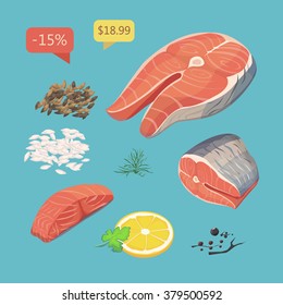 salmon steak fish. Fresh organic seafood vector illustration. Delicious trout with lemon slice and spicy herb for restaurant business.