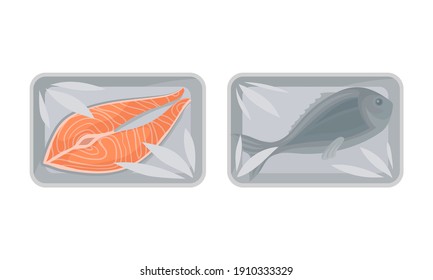 Salmon Steak and Fish in Plastic Serving Tray Vector Set