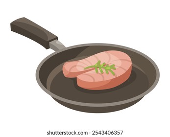 Salmon steak in a frying pan with herbs. Vector illustration