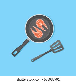 Salmon steak in frying pan isolated on blue background. Top view. Flat style vector illustration.