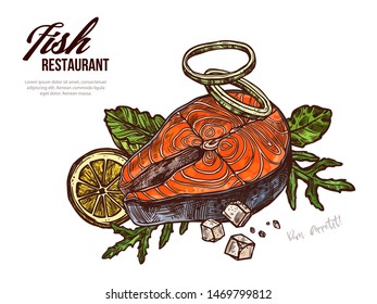 Salmon steak hand drawn vector web banner template. Red fish piece with veggies and lemon outline color illustration. Seafood, omega and vitamins rich food sketch. Fish with herbs drawing