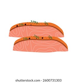 salmon steak herbs lemon rosemary isolated. vector illustration.