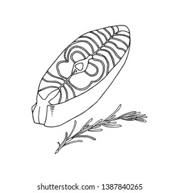 Salmon steak icon. Red fish steak with rosemary. Vector illustration. 