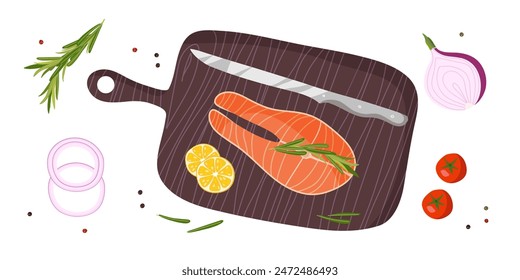 Salmon steak and ingredients for grilling, slices of lemon, rosemary, onion on wooden cutting board. Red fish and seasonings. Cooking salmon steak. Overhead view. For menu, cafe, restaurant, poster.