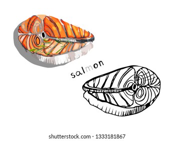 Salmon steak isolated on white background. Drawn by hand. Isolated, color and contour illustration.
