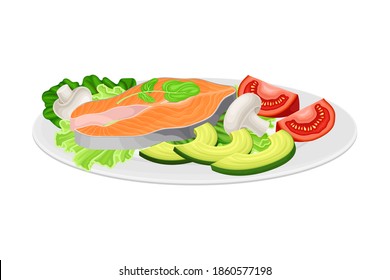 Salmon Steak with Leafy Vegetables as Seafood Dish Vector Illustration