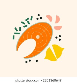 Salmon steak with lemon, garlic and pepper for baking. Fresh red fish steak. Flat vector illustration, geometric, modern style. Healthy seafood with herbs for cooking.