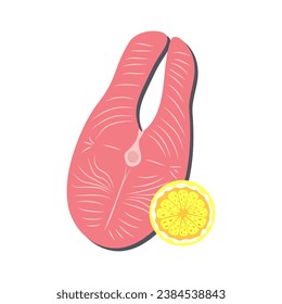 Salmon steak with lemon. Healthy lifestyle, lose weight, healthy food, proteins, seafood, diet concept. Flat cartoon illustration.
