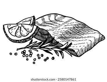 Salmon steak with lemon and herbs drawing isolated on white background for menu design.  Vintage engraved sketch. Seafood dot drawing collection