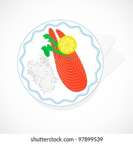 Salmon steak with lemon on the plate