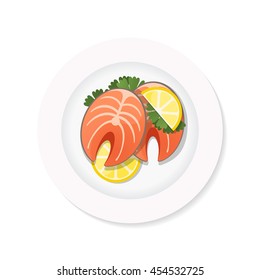 salmon steak with lemon on a white plate. Top view stock vector dish on white background