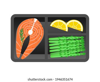 salmon steak lemon slices and asparagus in container lunch box healthy food delivery vector illustration top view