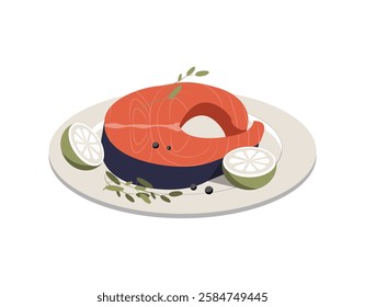 Salmon Steak With Lime and Herbs in Flat Vector Illustration Symbolizing Healthy Eating, Seafood Cuisine, and Gourmet Dining, Isolated on White Background