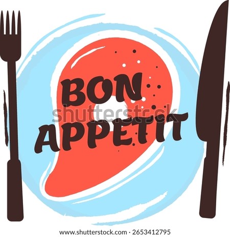 Salmon steak lying on plate with fork and knife placed on sides with bon appetit lettering inviting to delicious meal symbolizing healthy nutrition and culinary delights