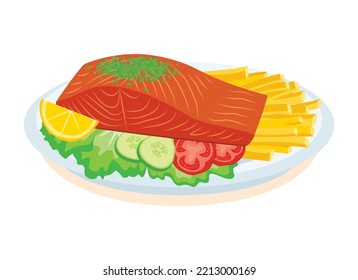 Salmon steak meat with french fries and vegetable garnish icon vector. Grilled salmon seafood icon vector isolated on a white background. Salmon on a plate drawing