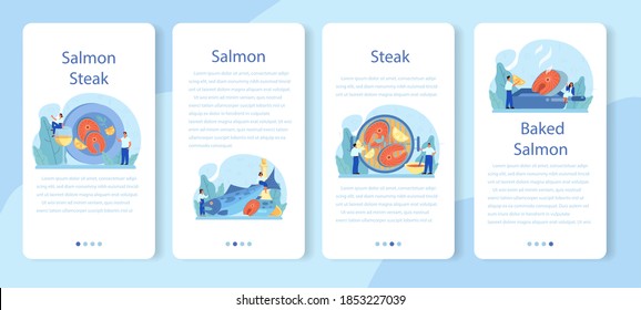 Banner-Set für die mobile Applikation von Lachs Steak. Küchenchef kocht gegrilltes Fischsteak auf dem Teller mit Zitrone. Leckeres Fischfilet zum Mittag- oder Abendessen. Köstliches Essen. Einzelne Vektorgrafik