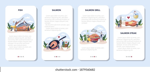 Salmon steak mobile application banner set. Chef cooking grilled fish steak on the plate with lemon. Tasty fish fillet for dinner or lunch. Delicious meal. Isolated vector illustration