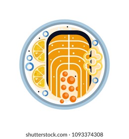 Salmon steak on plate with slices of lemon, pepper and red caviar. Seafood theme. Delicious dish for dinner. Flat vector design for menu