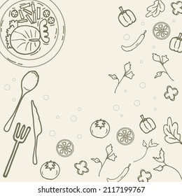 salmon steak on the plate with spoon, fork, knife and vegetables. paprika, lemon, tomato, celery and chilli illustration. hand drawn vector. doodle art for wallpaper, poster, cover, magazine, banner. 