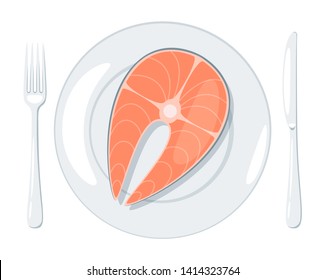 Salmon steak on plate vector illustration. Seafood restaurant menu. White ceramic dishware and cutlery. Steamed, grilled, roasted fish. Cooked meal in porcelain kitchenware. Flatware design element