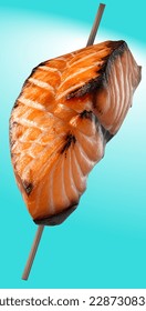 Salmon steak on stick, realistic 3d, rare grilled steak, ultra realistic, icon, falling flying, detailed, food photo