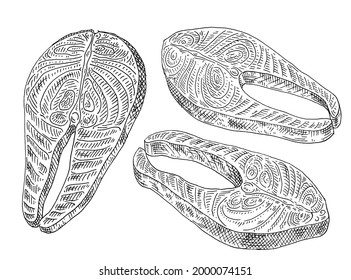 Salmon steak on white background. Vintage vector engraving monochrome black illustration. Hand drawn design in a graphic ink style.