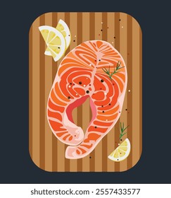 Salmon steak on a wooden board. Red fish cut with seasoning salt , pepper, lemon slice , chives. Trout cooking process. Restaurant menu poster, illustration. Raw fish steak, cooked Vector illustration