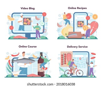 Salmon steak online service or platform set. Chef cooking grilled fish steak on the plate with lemon. Fish fillet for dinner. Online recipes, course, video blog, delivery. Flat vector illustration