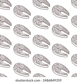 Salmon steak pattern in line art style. Design illustration for menu restaurant, website, banner, packaging. Vector illustration on a white background.