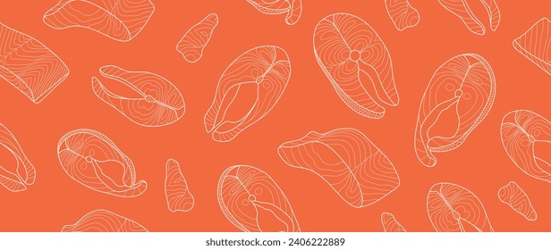 Salmon steak pattern texture background vector. Abstract salmon meat on orange background with stripes salmon line art. Design illustration for Japanese Restaurant, website, banner, packaging.